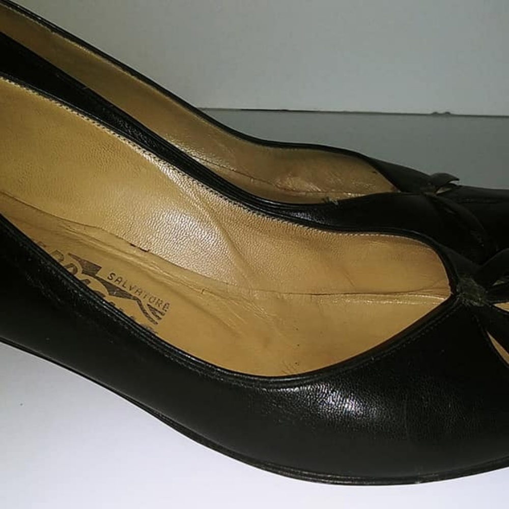 2 for $40 Ferragamo Black Leather Kitten Heels - Picture 2 of 7